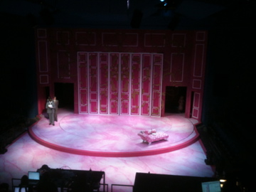 Legally Blonde — wide view of the pink Delta Nu set from the production desk
