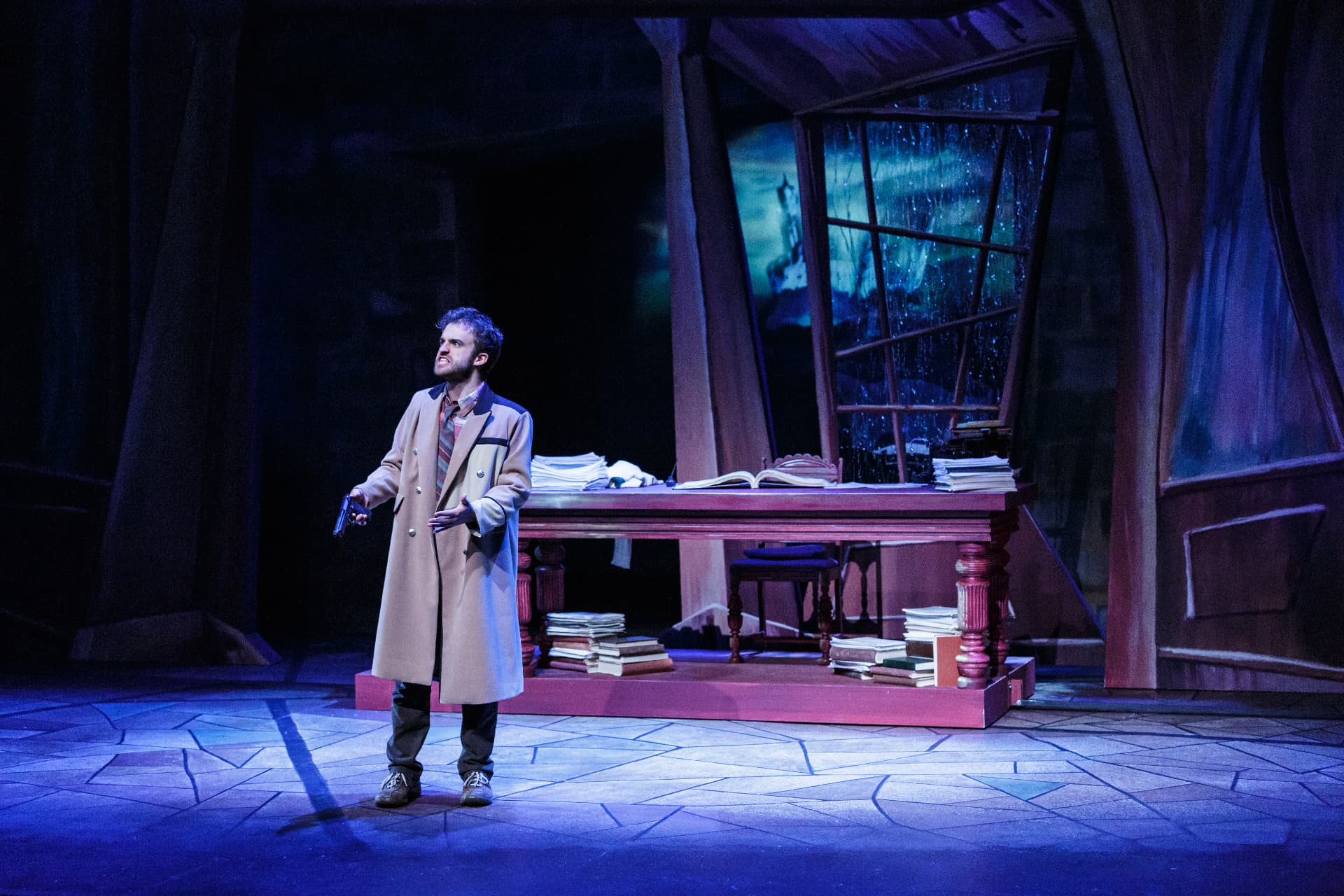 The Understudy — Jake in overcoat with a pistol in the Kafka scene, deep blue wash