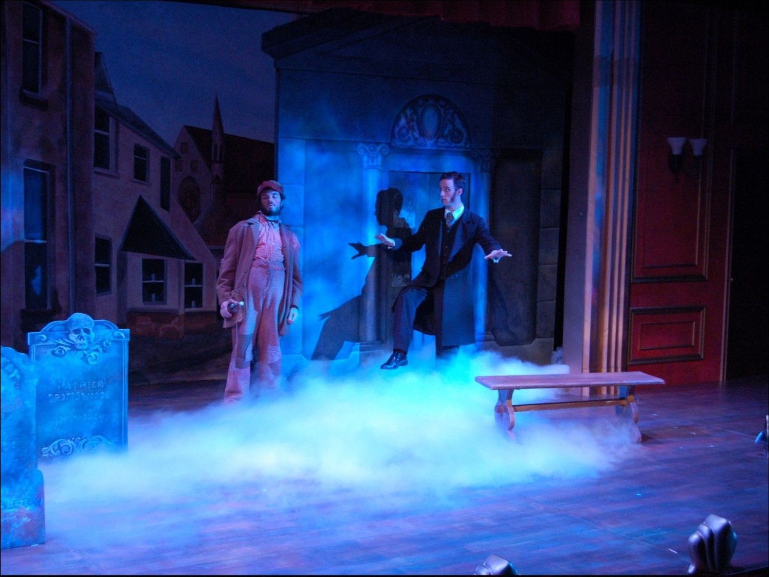 The Mystery of Edwin Drood — graveyard scene in blue light and low fog