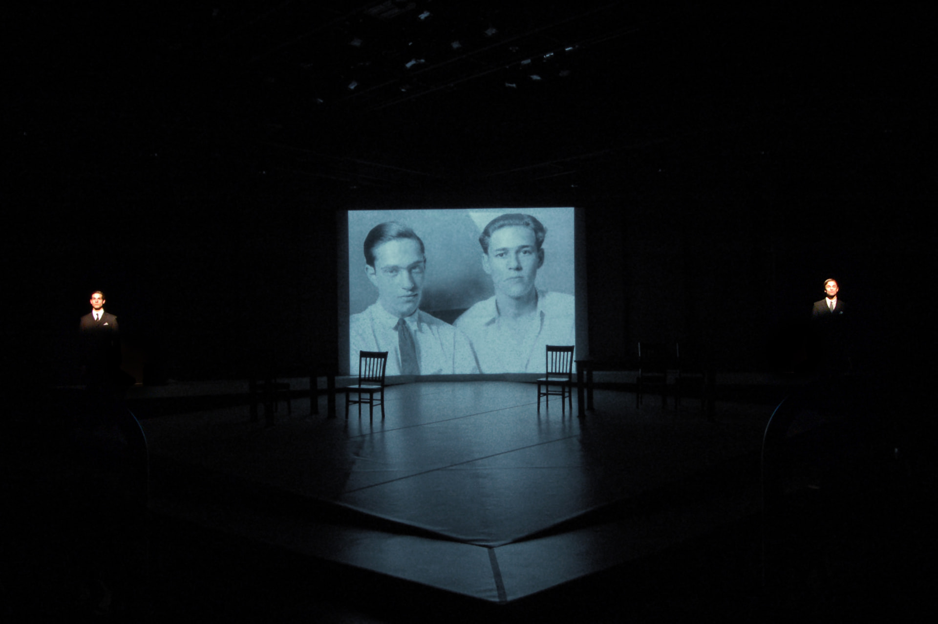 Never The Sinner — final image, Leopold and Loeb's photograph projected on the empty stage